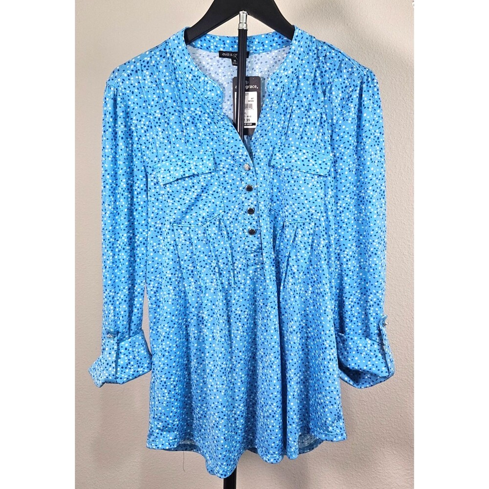 Ava & Grace Womens XL Blue Dot Print Tunic Top Roll Tab Sleeve Stretch NWT